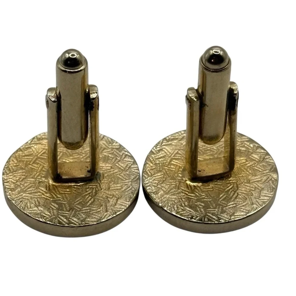 Vintage Cufflinks Round Gold‎ Tone Crescent Moon Wood Look Formal Men's Textured